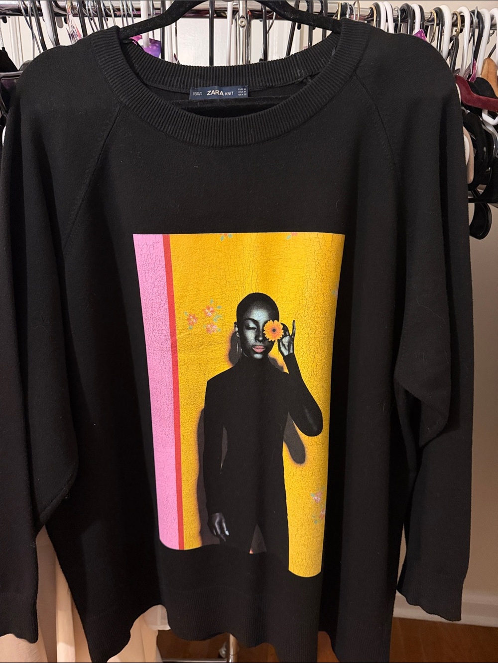 Zara Knit Sade Adu Oversized Graphic Black Sweatshirt Dress